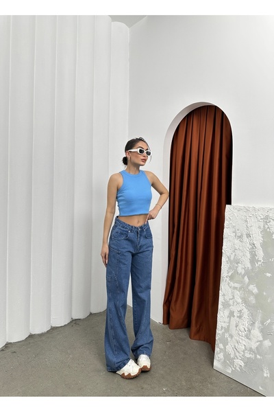 harmony factory Wide Leg High Waist Carpenter Pocket Detailed Blue Denim Trou...