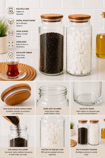 Zivora Home 2-Piece Large Size 1400 ml Glass Food Jar with Wooden Lid – Storage Container for Tea, Sugar, Coffee, Flour, and Legumes