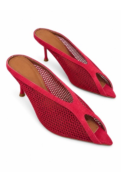 diclepolat Women's Red Mesh Detailed Pointed Toe Thin Heeled Women's Slippers...