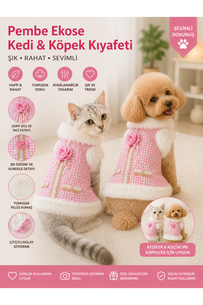 Daisy Peluş Yakalı Pembe Ekose Kedi ve Köpek Montu – Çiçek Detaylı Kışlık Evc...