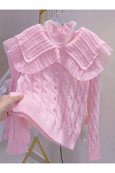 nathia outdoors Hair Braided Pink Pearl Detailed Tulle Baby Collar Knitwear W...