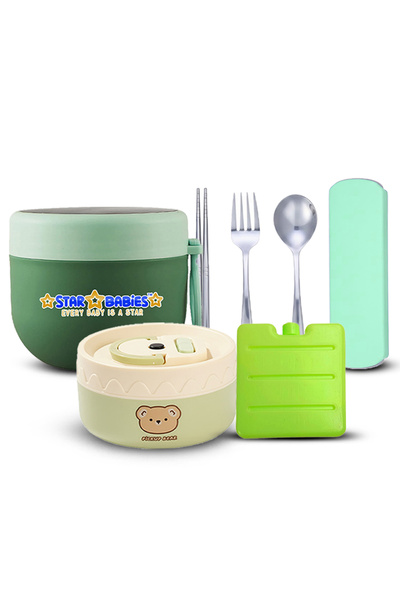 STAR BABiES Set Of 4 School Lunch Accessory Combo Set – Green Thermal Jars, R...