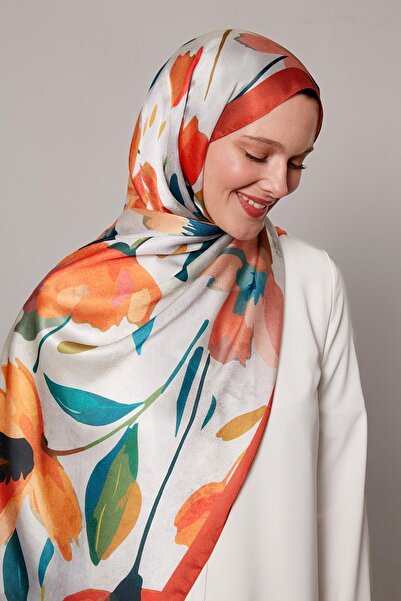 Levidor Orange Solid Floral Patterned Voile Silk Shawl