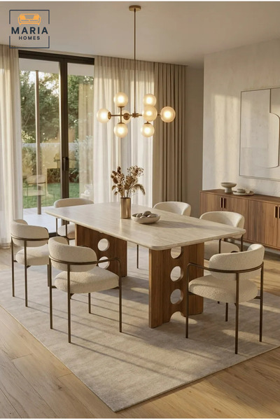MARIA HOMES طاولة طعام مستطيلة عصرية بسطح خشبي وقاعدة خشبية مزخرفة، طاولة طعا...