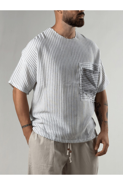 COCOPELLI White Striped Patch Bohemian Men's T-Shirt Coc3279