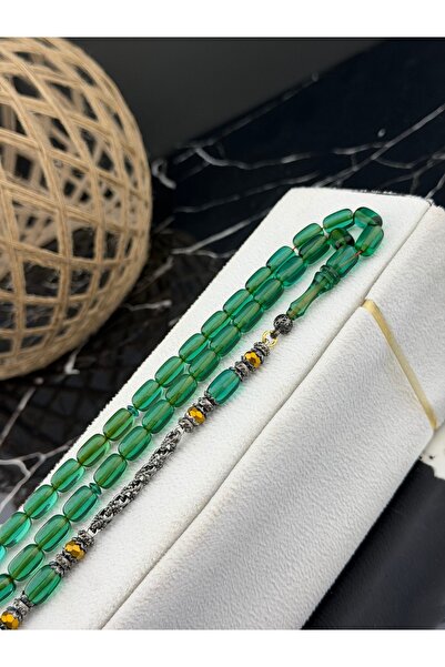 Yeşil Ateş Kehribar Tesbih – 7x11 mm Kapsül Kesim – Oksitlenmiş Kazaz Tasarım Püsküllü