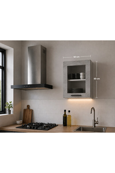 Tdesigno Beti Mutfak Camlı Üst Modül Tek Kapaklı Çok Amaçlı Dolap 60 cm Beton...