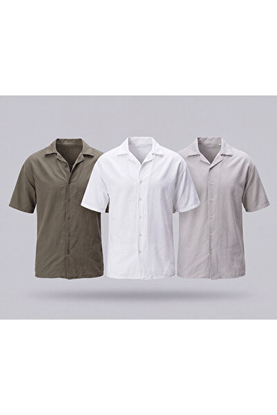 blayn jeans Set de cămăși din in cu mânecă scurtă pentru bărbați, 3 piese, că...