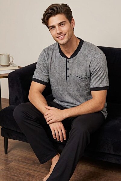 Mecit Pijama Mecit 4003 Navy Blue Large Size Short-Sleeved Men's Pajama Set