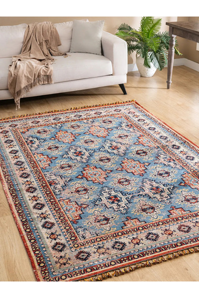 Tuğra Halı Kuman KU01 100 x 300 Yıkanabilir Etnik Desenli Saçaklı Kilim