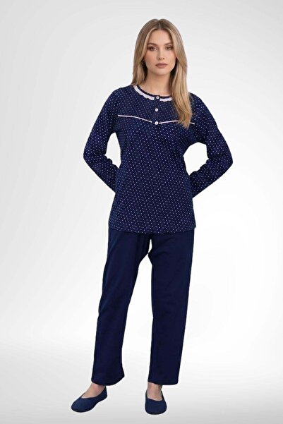 Mecit Pijama Mecit 6388 Navy Blue 100% Cotton Plus Size Women's Pajama Set
