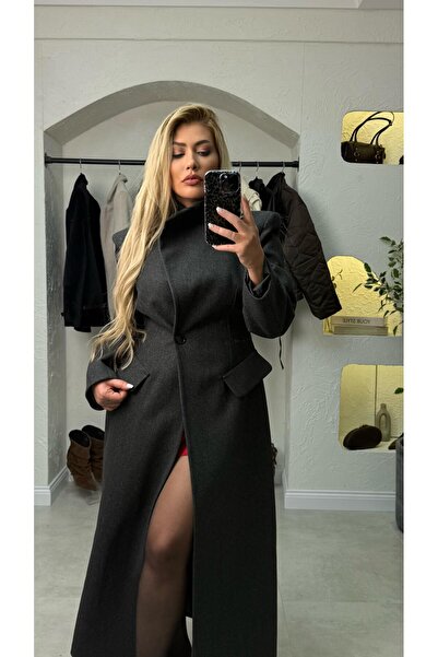 liya butik Gri Bel Oturtmalı Vatkalı Antrasit Kaban
