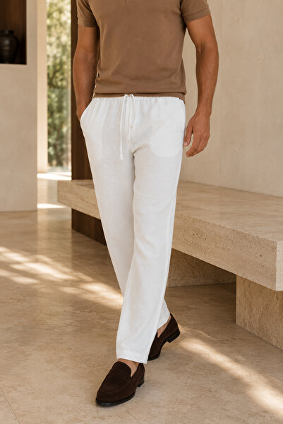 Polo State Men's Linen Look Elastic Waist Lace-Up Comfortable Cut Pants - Ecru
