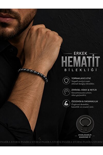 ERKEK AYARLANABİLİR HEMATİT BİLEKLİK MAKROME HER BİLEĞİ UYUMLU DOĞALTAŞ BİLEKLİK