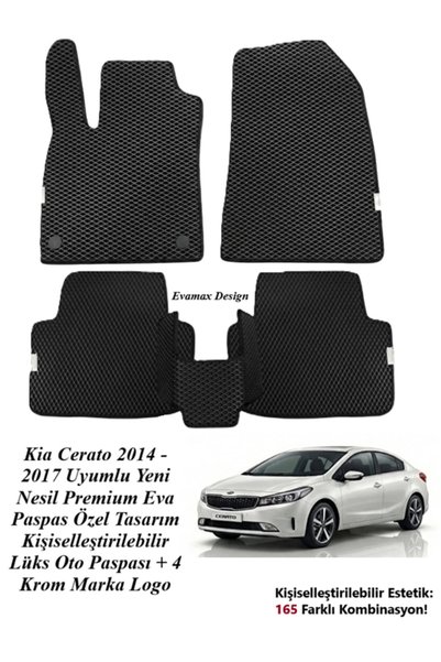 Evamax Design Kia Cerato 2014 - 2017 Uyumlu Yeni Nesil Premium Eva Paspas Özel Tasarım Kişiselleştirilebilir Lüks Oto Paspası + 4 Krom Marka Logo