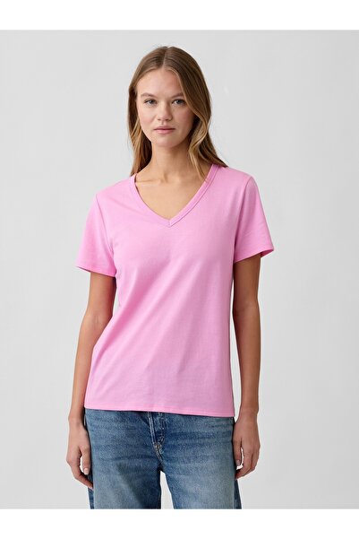 GAP Kadın Pembe V Yaka T-Shirt