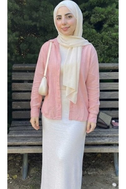 blackbonds Pink Oversize Cotton Linen Shirt with Pockets Trendy Loose Drop Shoulder Women's