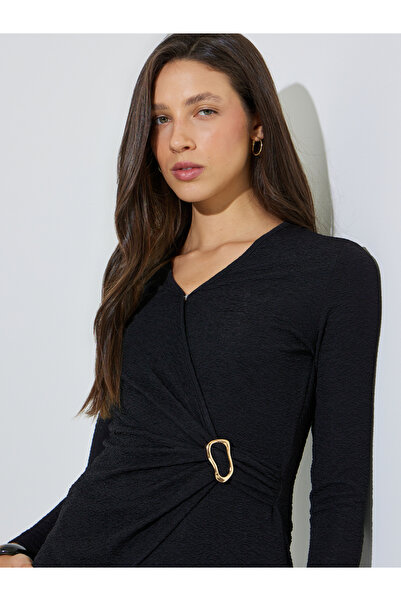 Styli Black Wrap Front Textured Knit Top