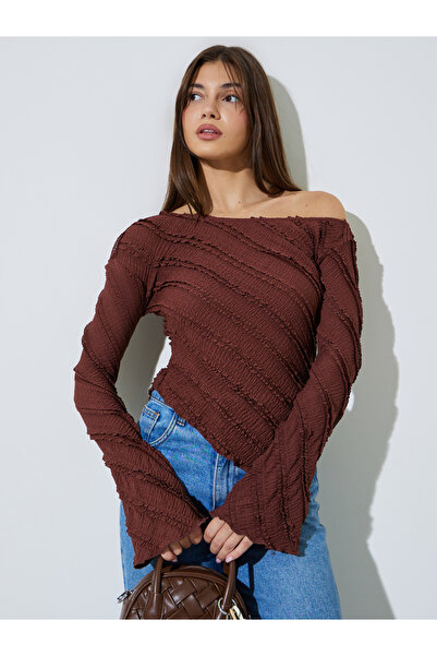 Styli Brown Textured Asymmetric Knit Top