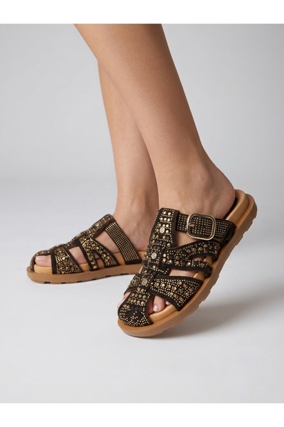 Rüya Shoes Daily Stone Detailed Genuine Leather Slippers