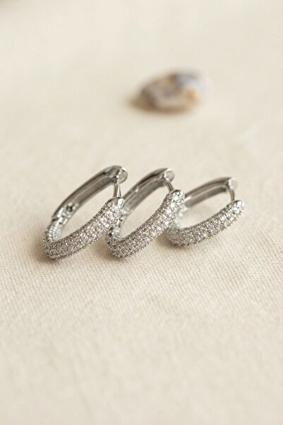 TakÇalıştır Set of 3 Silver Color Zircon Stone Square Hoop Earrings