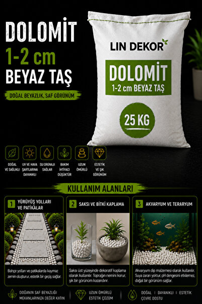 Lin Dekor Beyaz Dolomit Taş 25 Kg 1-2 Cm Dere Çakıl Taşı Saksı Taşı Akvaryum ...