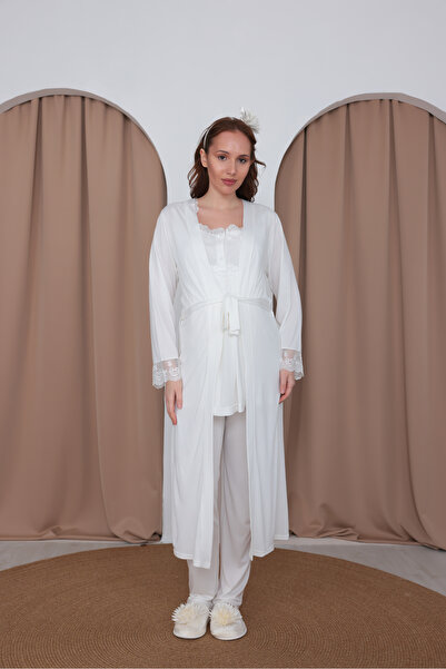BLACKMORE Women's Ecru Cotton Summer Maternity Pajama Set with Lace Sleeves a...