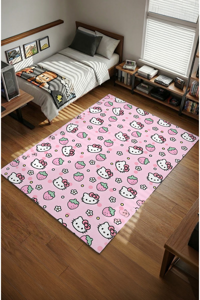 Milura Hello Kitty Ve Çilek Desenli Dijital Baskılı Kaymaz Taban Oyuncu ve Ge...