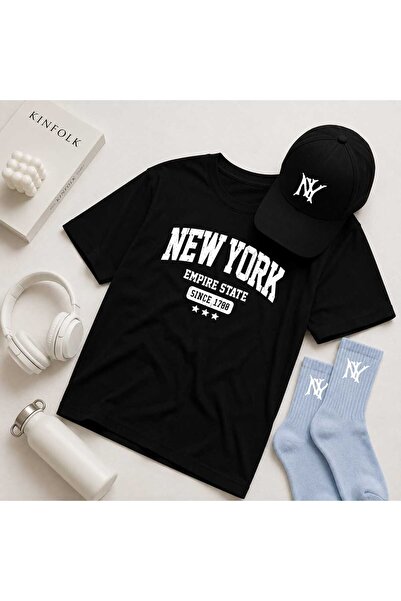 ZAVIXO 100% Cotton 3-Piece Unisex Set New York Printed Oversize T-Shirt Hat S...