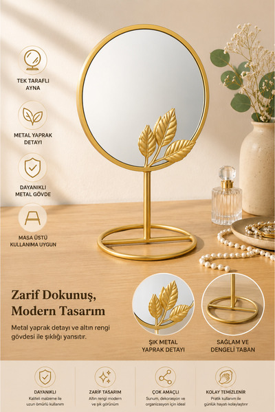 DEVADA HOME Gold Metal Ayaklı Yuvarlak Dekoratif Masa Aynası Şık Tasarım