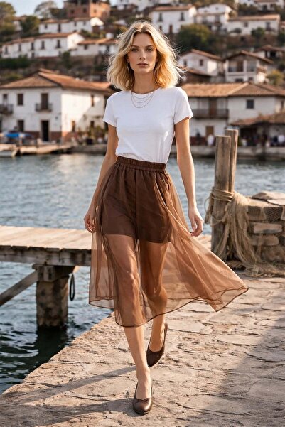 Sherin Brown Tulle Detailed Midi Skirt