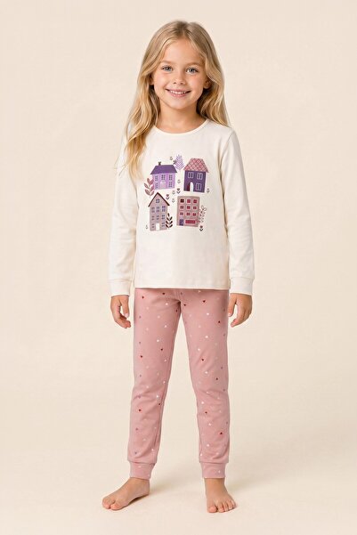 BAYKAR Set pijamale pentru fete, din bumbac, cu decolteu rotund, cu imprimeu House and Heart, cu mâneci lungi, 9282 Roz
