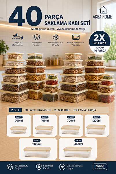AKBA HOME 40 Parça Dev Set 6 Farklı Boy Gıda Saklama Kabı Seti 200 ml - 400ml...