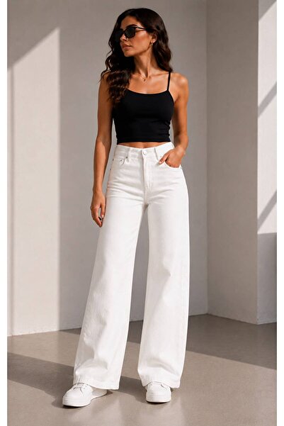 SAPAKTEKS Women's White Palazzo Jeans with Lycra Stretch