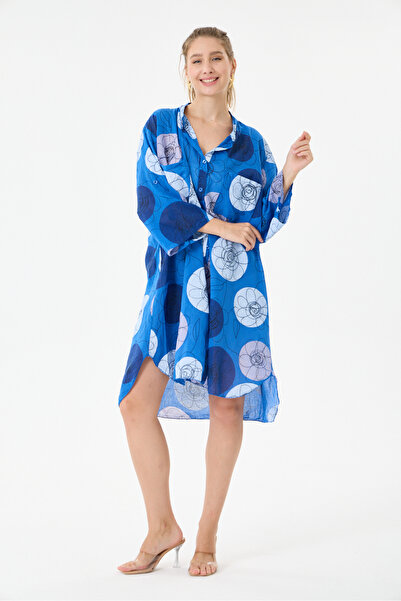 della moor Saks Blue Italian Large Size Floral Patterned Tunic Shirt Dress 42...