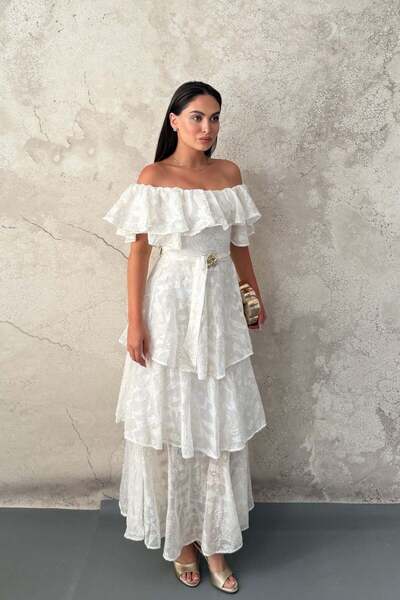 Elbee Fashion Woman Λευκό φόρεμα με βολάν σε στρώσεις
