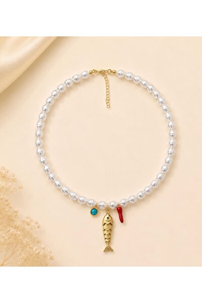 Elvia Atelier Özel Seri Balık Charmlı İnci Kolye (Çağla Şikel kolyesi)