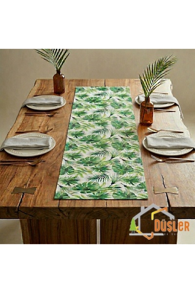 DÜŞLER EV TEKSTİLİ 40x120 Tropikal Palmiye Yeşil Çiçek Yaprak Monstera Desenl...