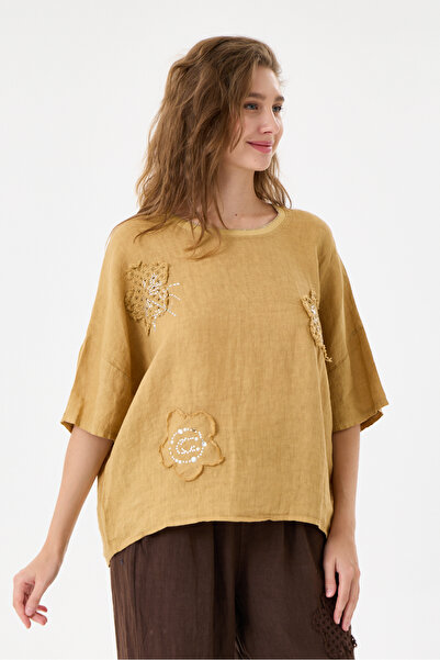 della moor Camel Italian 100% Linen Stone Oversize Linen Blouse Size 38 - 42