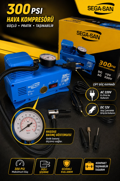 SEGASAN SEGA-SAN Çift Girişli (12V/220V) 300 PSI Güçlü Taşınabilir Hava Kompr...