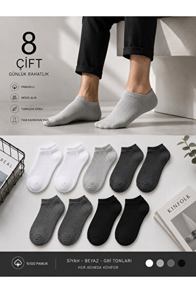 WALTAŞ Black Arden 8 Çift Unisex Patik Çorap Pamuklu Sneaker Görünmez Lakos Ç...