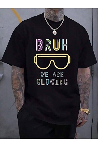 NOURAM تي شيرت رجالي أسود قصير الأكمام من القطن 100% بطباعة "We Are Glowing" ...