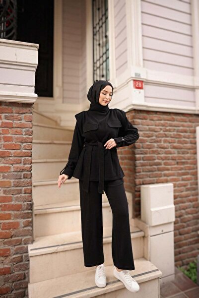 Bwest طقم بدلة رياضية إسلامية بخصر مرتفع ورباط وتفاصيل جيب - (38-46) - 71377 ...