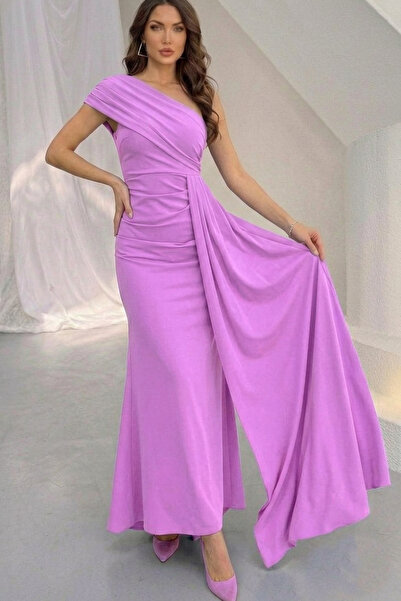 Aysan Moda Ewo Kuyruklu Tek Omuz Lila Abiye Elbisesi