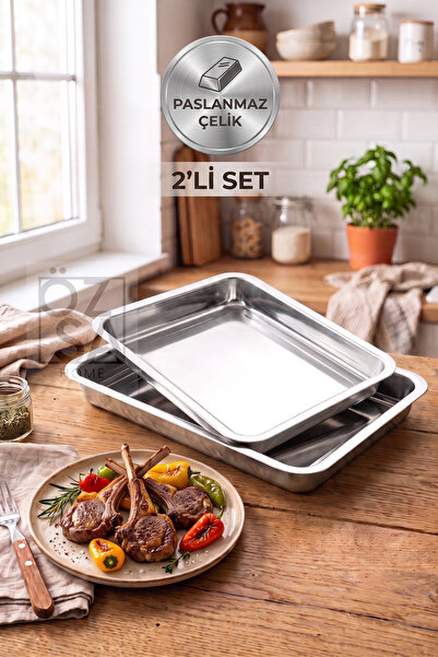 Battal Gastro 2 Piece Stainless Steel Rectangular Baking Tray Set Appetizer Tray