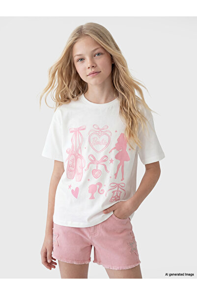 LC Waikiki Original Oval Collar Barbie Printed Girls' T-Shirt