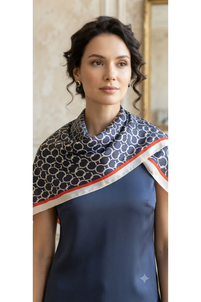 ŞALSERA Shoulder Shawl, 100 X 100 cm Navy Blue with Red Stripe Detail, Comple...