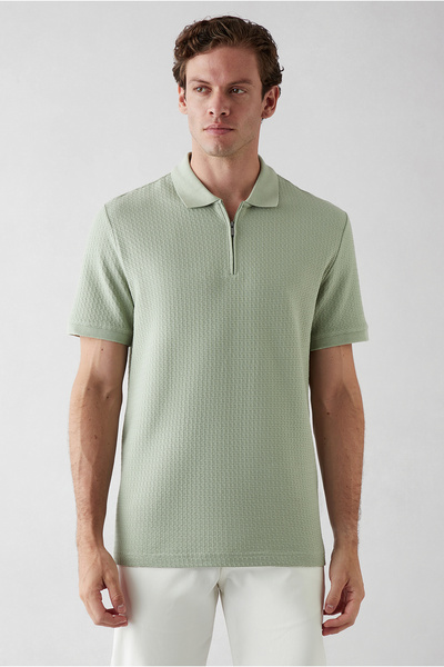 Kiğılı Zippered Polo Collar Regular Fit 100% Cotton Patterned T-Shirt
