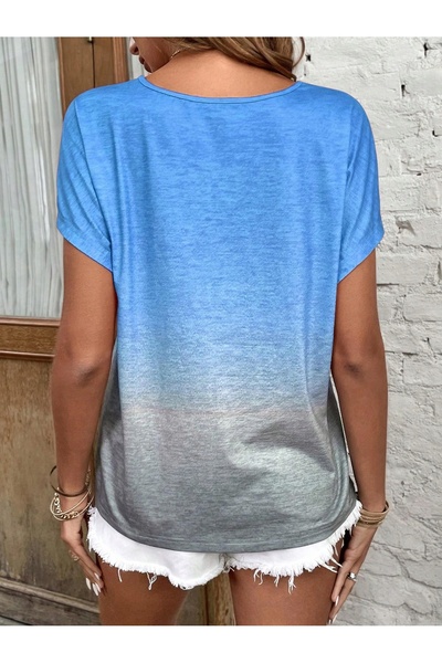 NO BRAND Tricou ombre albastru cu mânecă scurtă, lejer, cu imprimeu inimă și ...