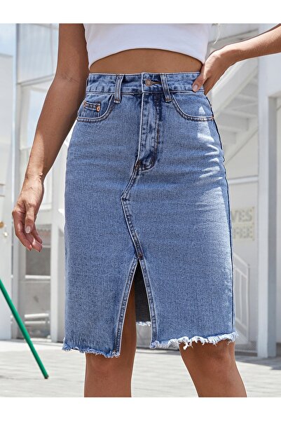 NO BRAND Fustă elegantă midi, tip creion, cu șliț, din denim, albastră, R.L.